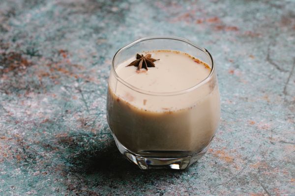 Golden saffron chai in a glass